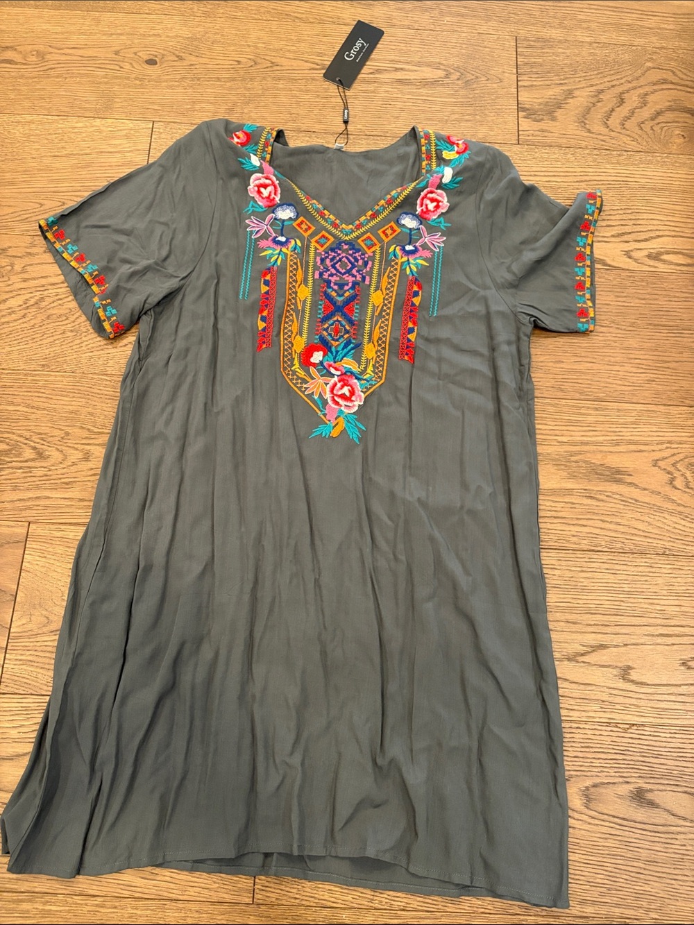 Embroidered Green V-Neck Mini Dress
